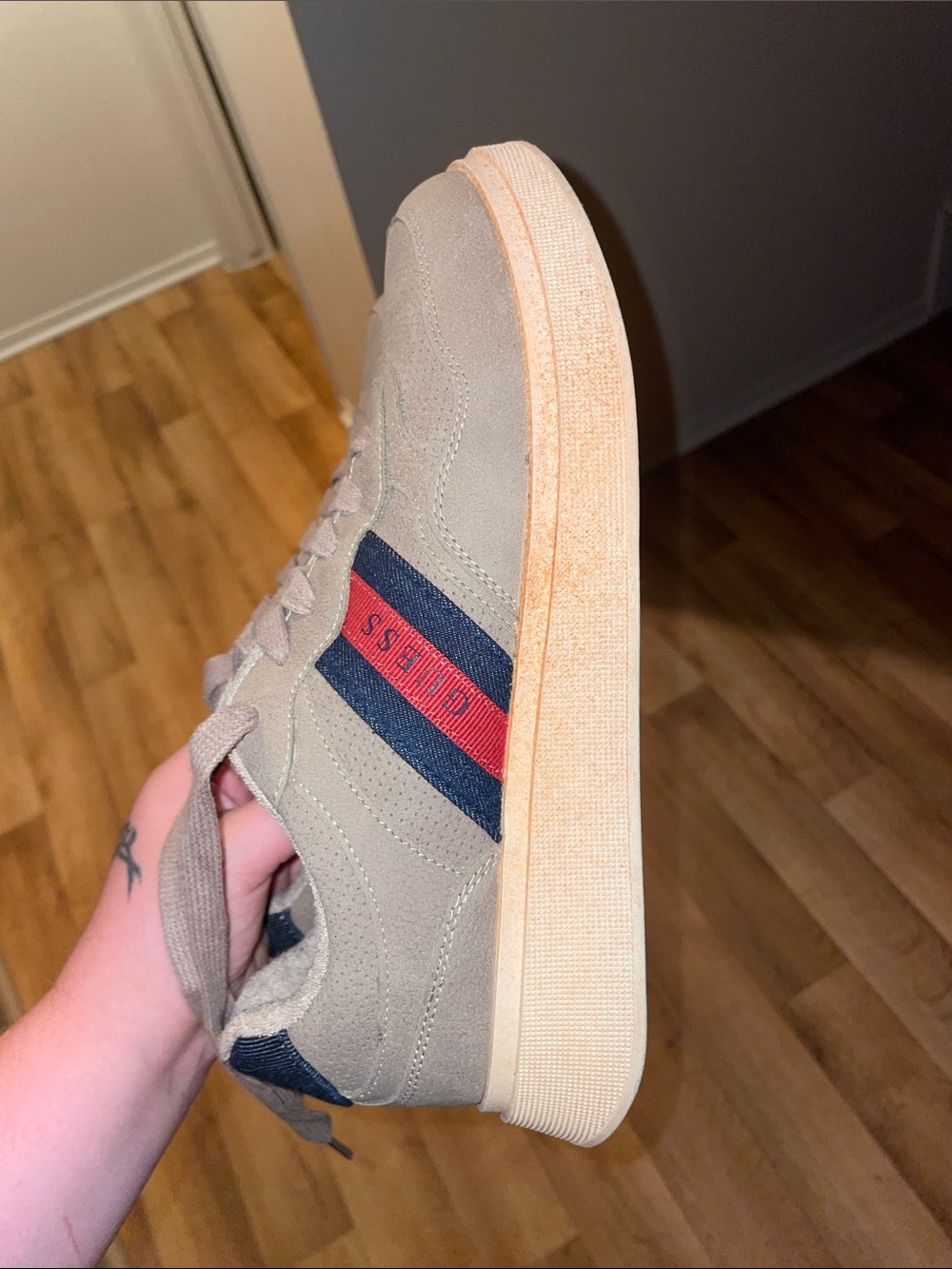 Guess Men's Beige Suede Sneakers with Navy & Red Stripe